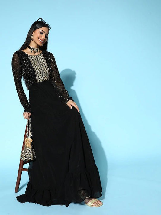 Women Black Ethnic Yoke Embroidered Georgette Maxi Dress - Inddus.com
