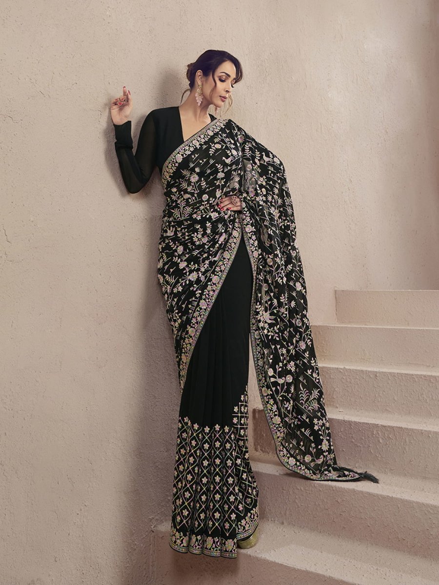 Malaika Arora Black Floral Multi Thread and Sequins Embroidered Saree with Blouse Piece
