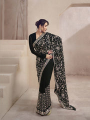 Malaika Arora Black Floral Multi Thread and Sequins Embroidered Saree with Blouse Piece