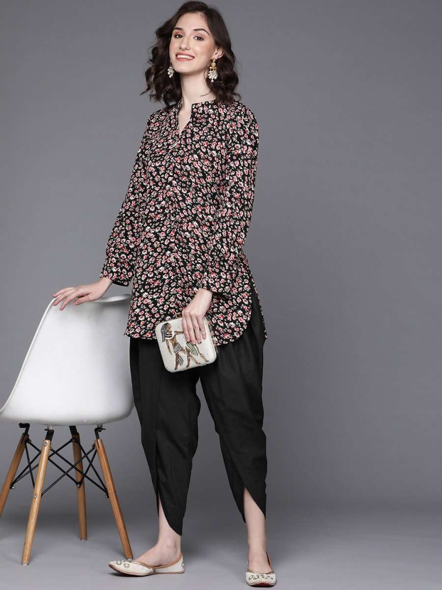Women Black Floral Printed Kurta with Dhoti Pants - Inddus.com
