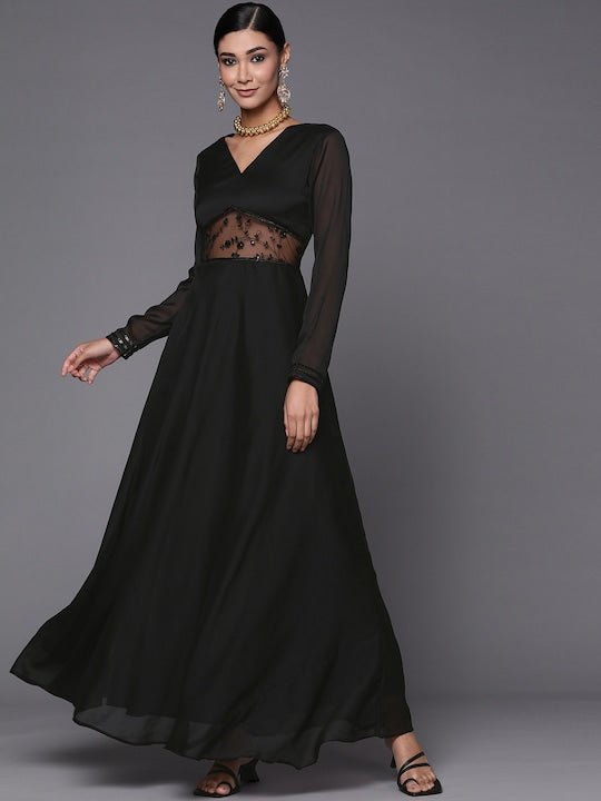 Women Black Floral Solid Net Maxi Dress - Inddus.com