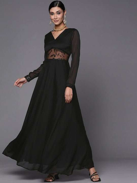 Women Black Floral Solid Net Maxi Dress - Inddus.com