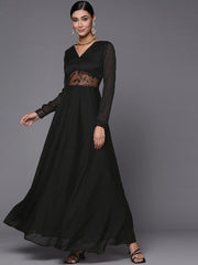 Women Black Floral Solid Net Maxi Dress - Inddus.com