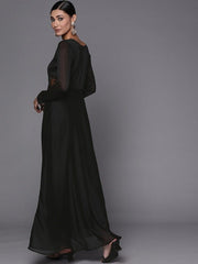 Women Black Floral Solid Net Maxi Dress - Inddus.com