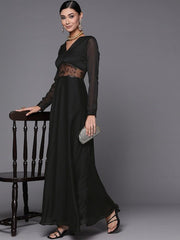 Women Black Floral Solid Net Maxi Dress - Inddus.com