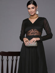 Women Black Floral Solid Net Maxi Dress - Inddus.com