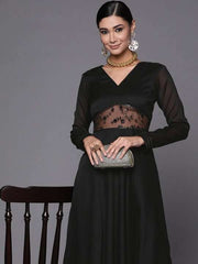 Women Black Floral Solid Net Maxi Dress - Inddus.com