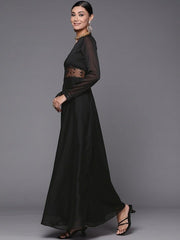 Women Black Floral Solid Net Maxi Dress - Inddus.com