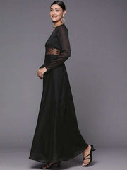 Women Black Floral Solid Net Maxi Dress - Inddus.com