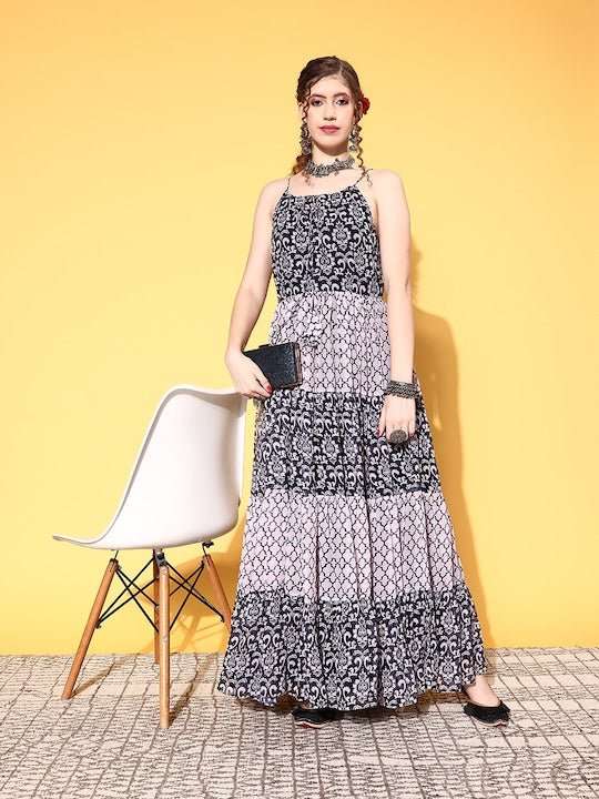 Women Black Floral Swirling Volume Dress - Inddus.com