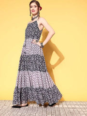 Women Black Floral Swirling Volume Dress - Inddus.com