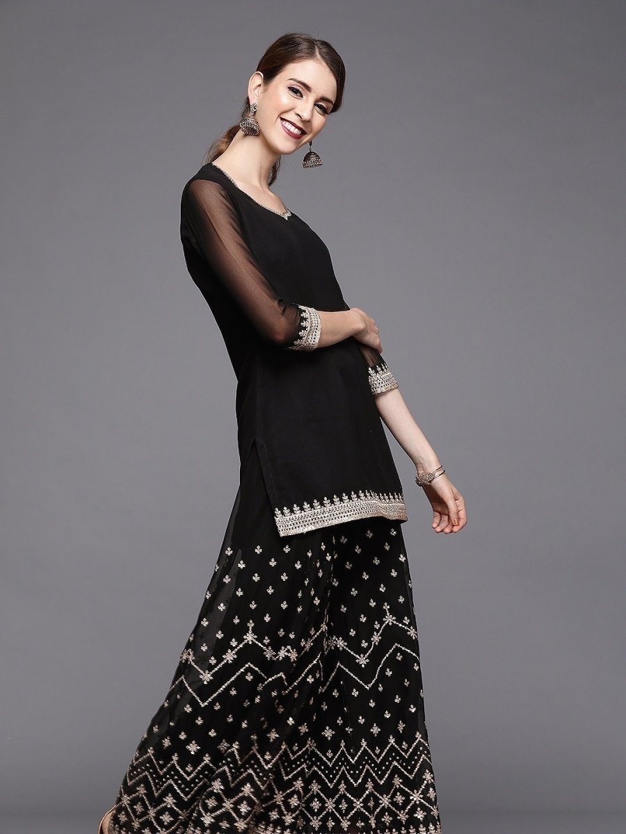 Women Black Georgette Kurti with Embroidered Sharara & Dupatta - inddus-us