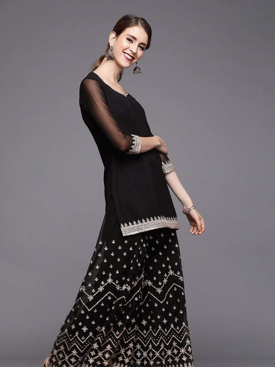 Women Black Georgette Kurti with Embroidered Sharara & Dupatta - inddus-us