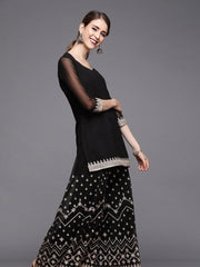 Women Black Georgette Kurti with Embroidered Sharara & Dupatta - inddus-us