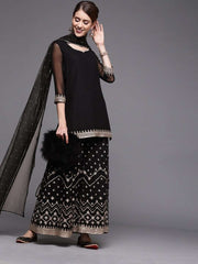 Women Black Georgette Kurti with Embroidered Sharara & Dupatta - inddus-us