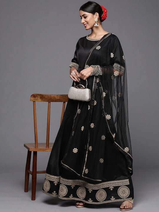 Women Black & Gold-Toned Ethnic Motifs Embroidered Satin Anarkali Kurta - Inddus.com
