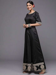 Women Black & Gold-Toned Ethnic Motifs Embroidered Satin Anarkali Kurta - Inddus.com