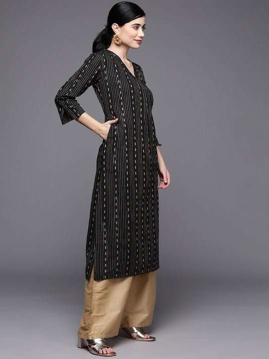 Women Black & Gold-Toned Striped Pleated Pure Cotton Kurta - Inddus.com