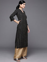 Women Black & Gold-Toned Striped Pleated Pure Cotton Kurta - Inddus.com