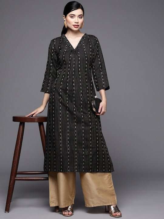 Women Black & Gold-Toned Striped Pleated Pure Cotton Kurta - Inddus.com