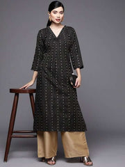 Women Black & Gold-Toned Striped Pleated Pure Cotton Kurta - Inddus.com