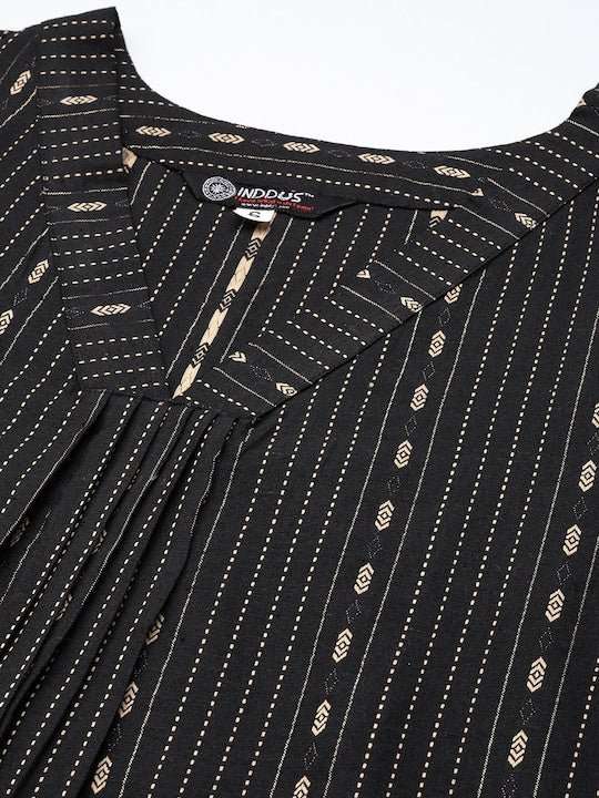 Women Black & Gold-Toned Striped Pleated Pure Cotton Kurta - Inddus.com