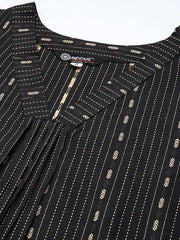 Women Black & Gold-Toned Striped Pleated Pure Cotton Kurta - Inddus.com