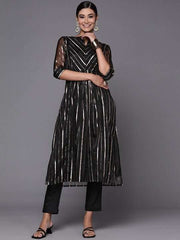 Women Black Gold Zari Woven Kurta and Trouser - Inddus.com