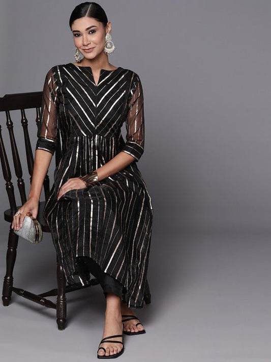 Women Black Gold Zari Woven Kurta and Trouser - Inddus.com