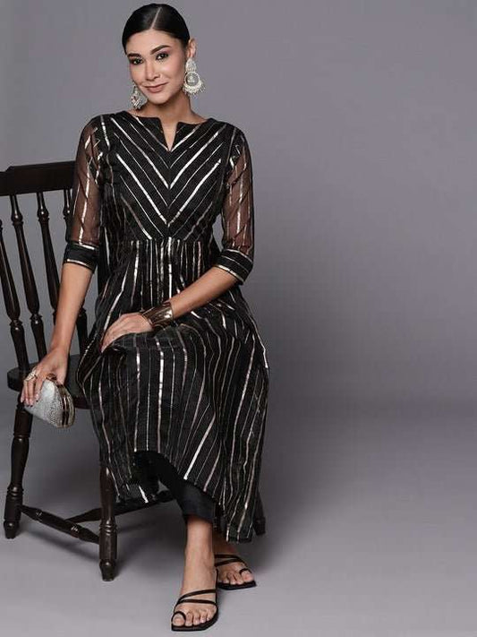 Women Black Gold Zari Woven Kurta and Trouser - Inddus.com