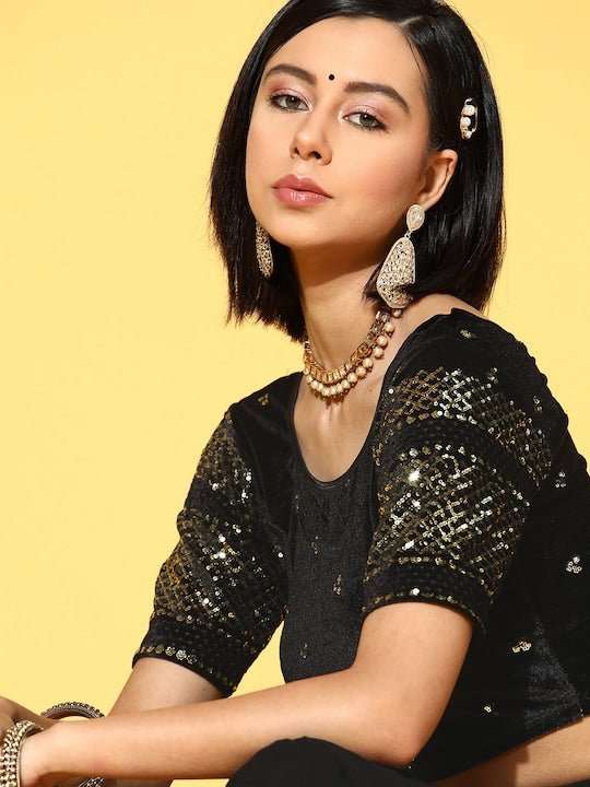 Women Black & Golden Sequinned Velvet Stretchable Blouse - Inddus.com