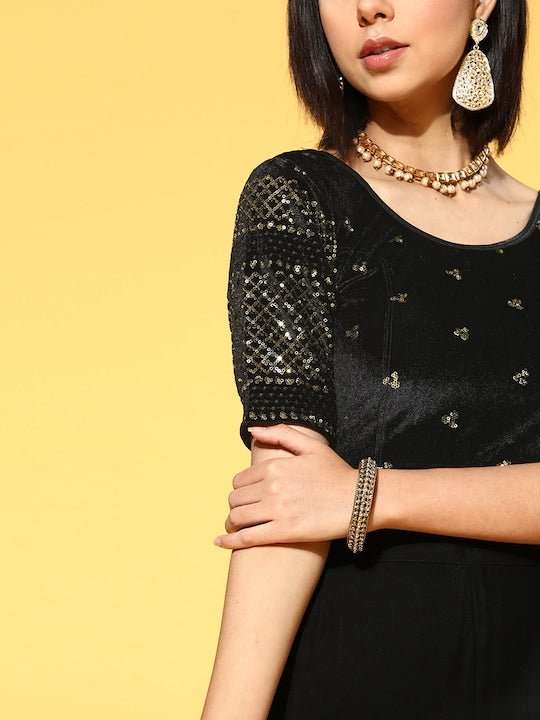 Women Black & Golden Sequinned Velvet Stretchable Blouse - Inddus.com