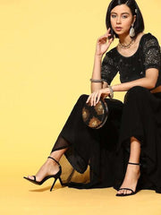 Women Black & Golden Sequinned Velvet Stretchable Blouse - Inddus.com