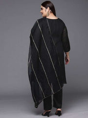 Women Black Gotta Patti Chanderi Cotton Kurta with Trousers & With Dupatta - Inddus.com