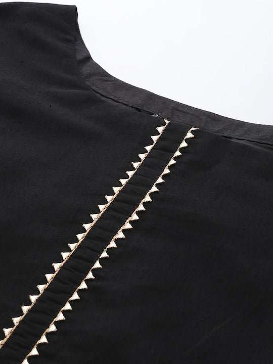 Women Black Gotta Patti Chanderi Cotton Kurta with Trousers & With Dupatta - Inddus.com