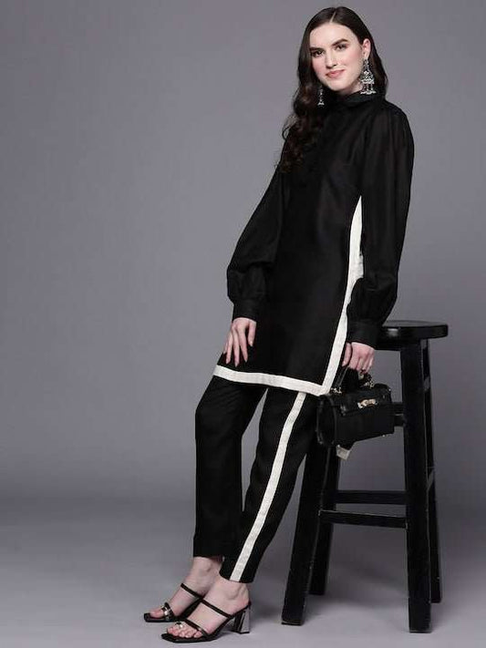 Women Black High-Low Kurta with Trousers - Inddus.com