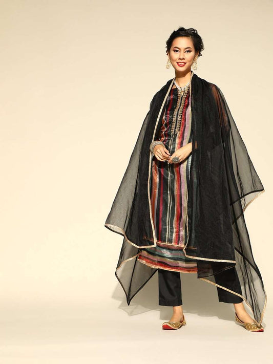 Women Black & Maroon Striped Sequined Kurta with Trousers & Dupatta - Inddus.com