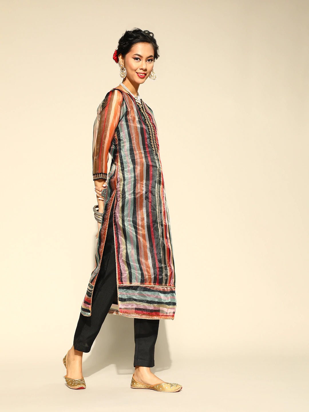 Women Black & Maroon Striped Sequined Kurta with Trousers & Dupatta - Inddus.com