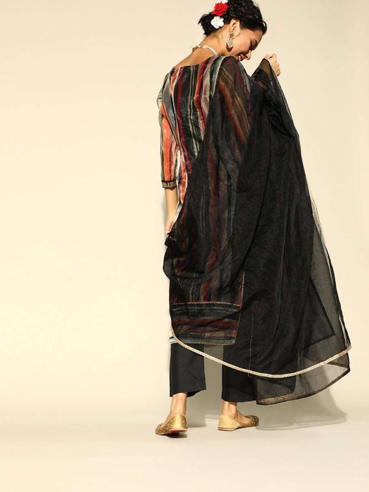 Women Black & Maroon Striped Sequined Kurta with Trousers & Dupatta - Inddus.com