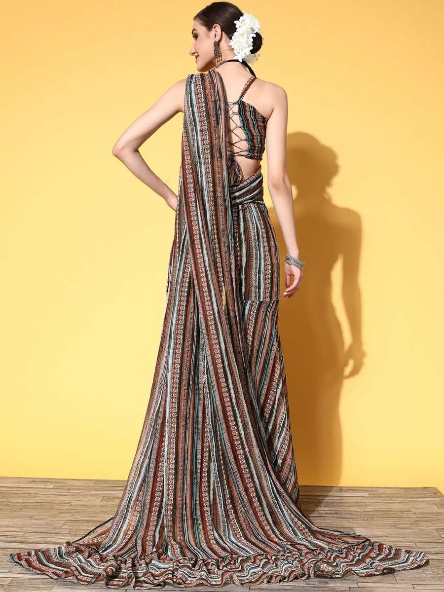 Women Black Multi Printed Stripes Sharara Drape Ruffle Saree with Blouse Piece - Inddus.com