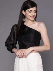 Women Black One-Shoulder Solid Crop Top - Inddus.com