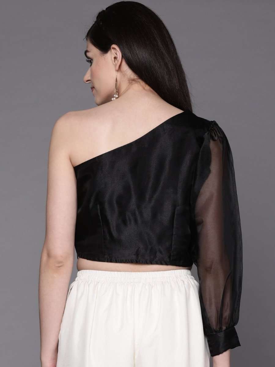 Women Black One-Shoulder Solid Crop Top - Inddus.com