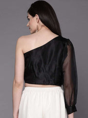 Women Black One-Shoulder Solid Crop Top - Inddus.com