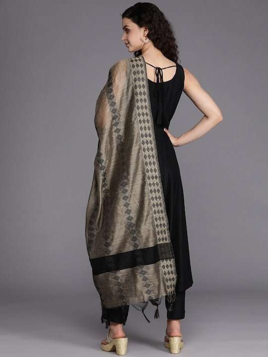 Women Black Pleated Kurta with Trousers & With Dupatta - Inddus.com