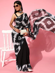 Women Black Printed Tie and Dye Embellished Saree With Belt - Inddus.com
