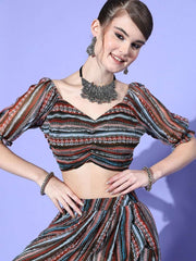 Women Black Printed Top with Skirt - Inddus.com