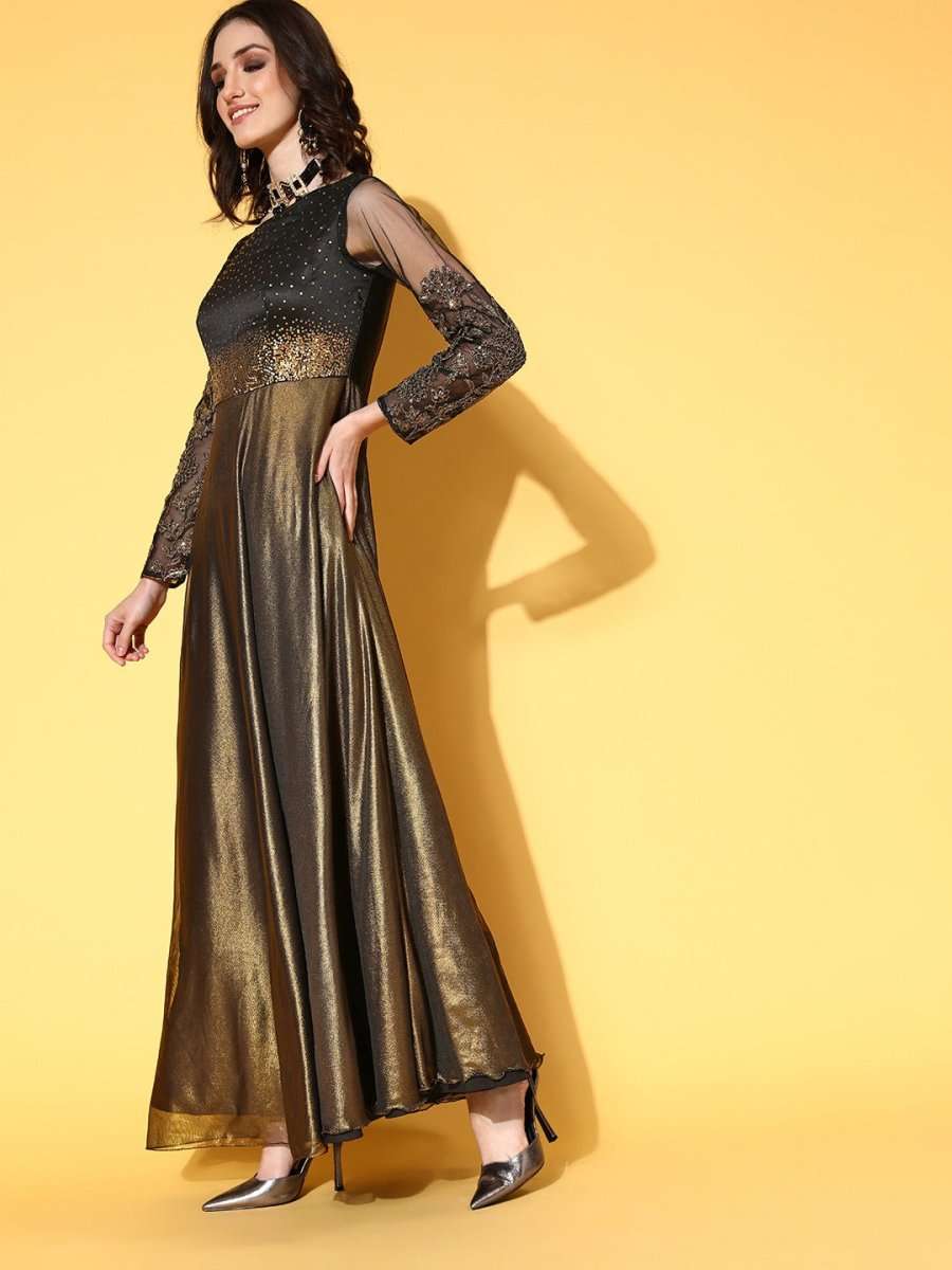 Women Black Satin Ethereal Embroidery Kurta - Inddus.com