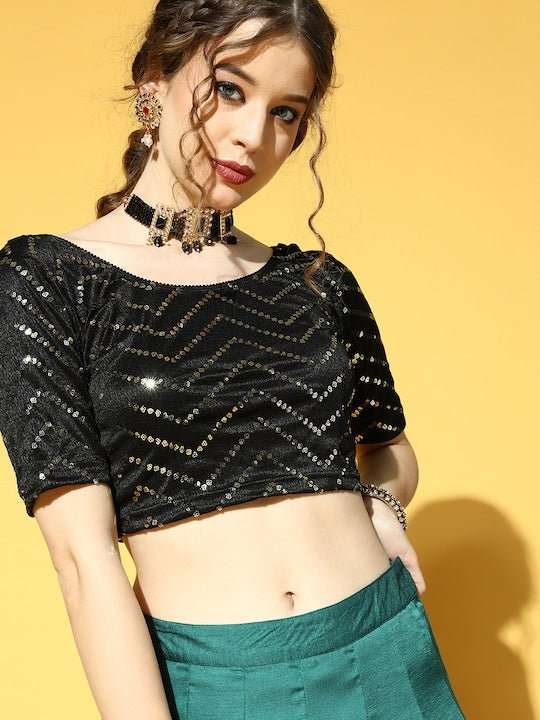 Women Black Sequinned Stretchable Blouse - Inddus.com