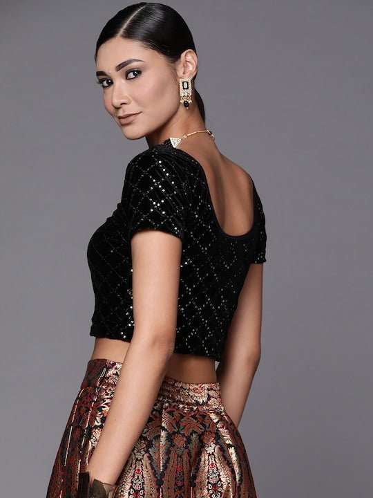 Women Black Sequinned Velvet Stretchable Blouse - Inddus.com