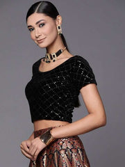 Women Black Sequinned Velvet Stretchable Blouse - Inddus.com